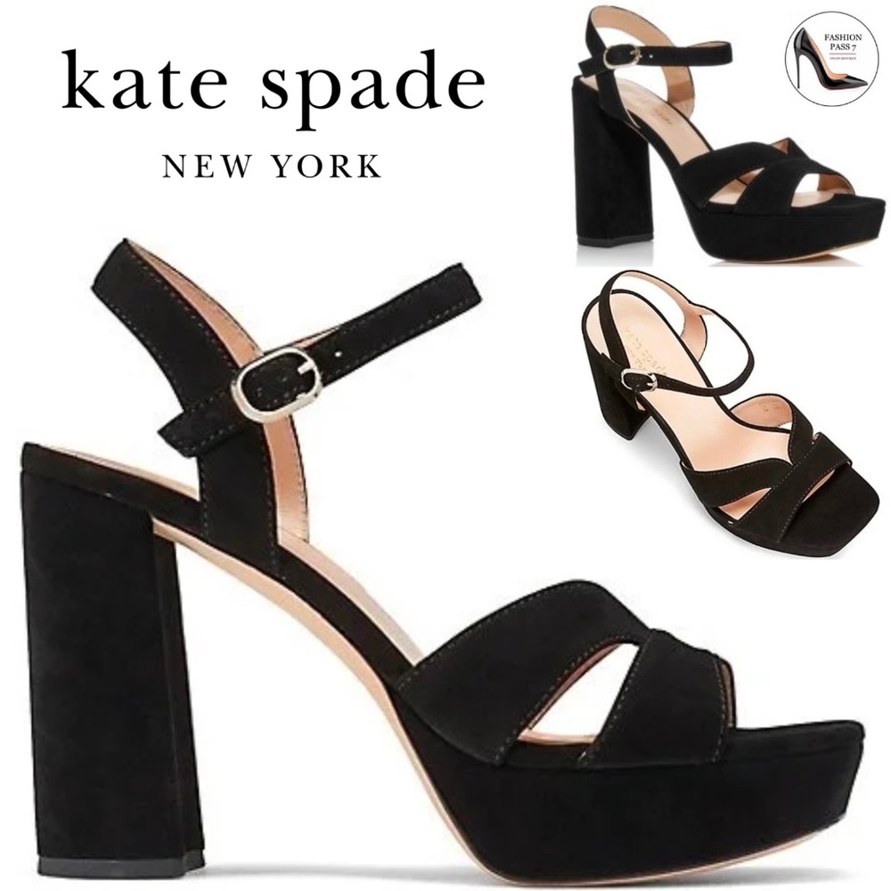 Kate Spade Delight Platform Heel Sandal Black Suede Block Heel Ankle Strap Pumps